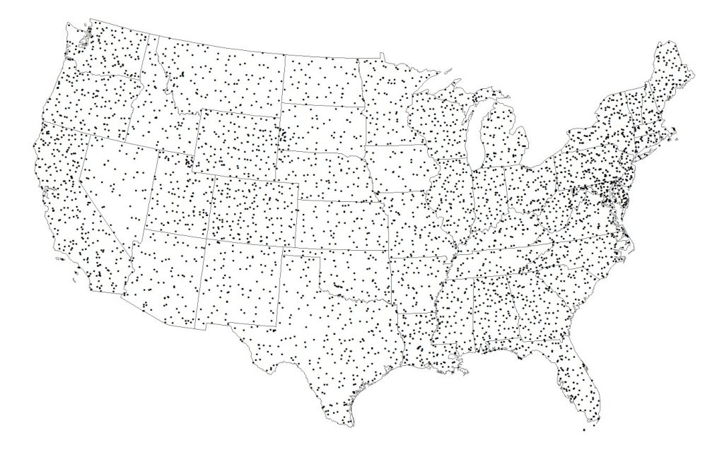 Map of North American Breeding Bird Survey (BBS) route locations in the conterminous United States. Each breeding season, approximately 4,000 BBS routes are surveyed across the study area. Laura will compare texture measures of habitat heterogeneity with BBS data, with the goal of mapping patterns of avian biodiversity across the conterminous U.S.
