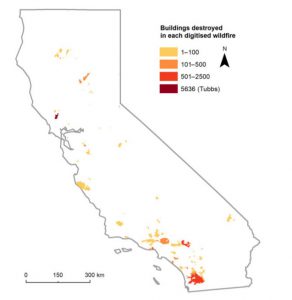 Anu Kramer (former SILVIS lab member) digitized total buildings destroyed by 89 wildfires in California from 1985-2014 and the Tubbs Fire in 2017. Figure from H.A. Kramer et al. (2019)